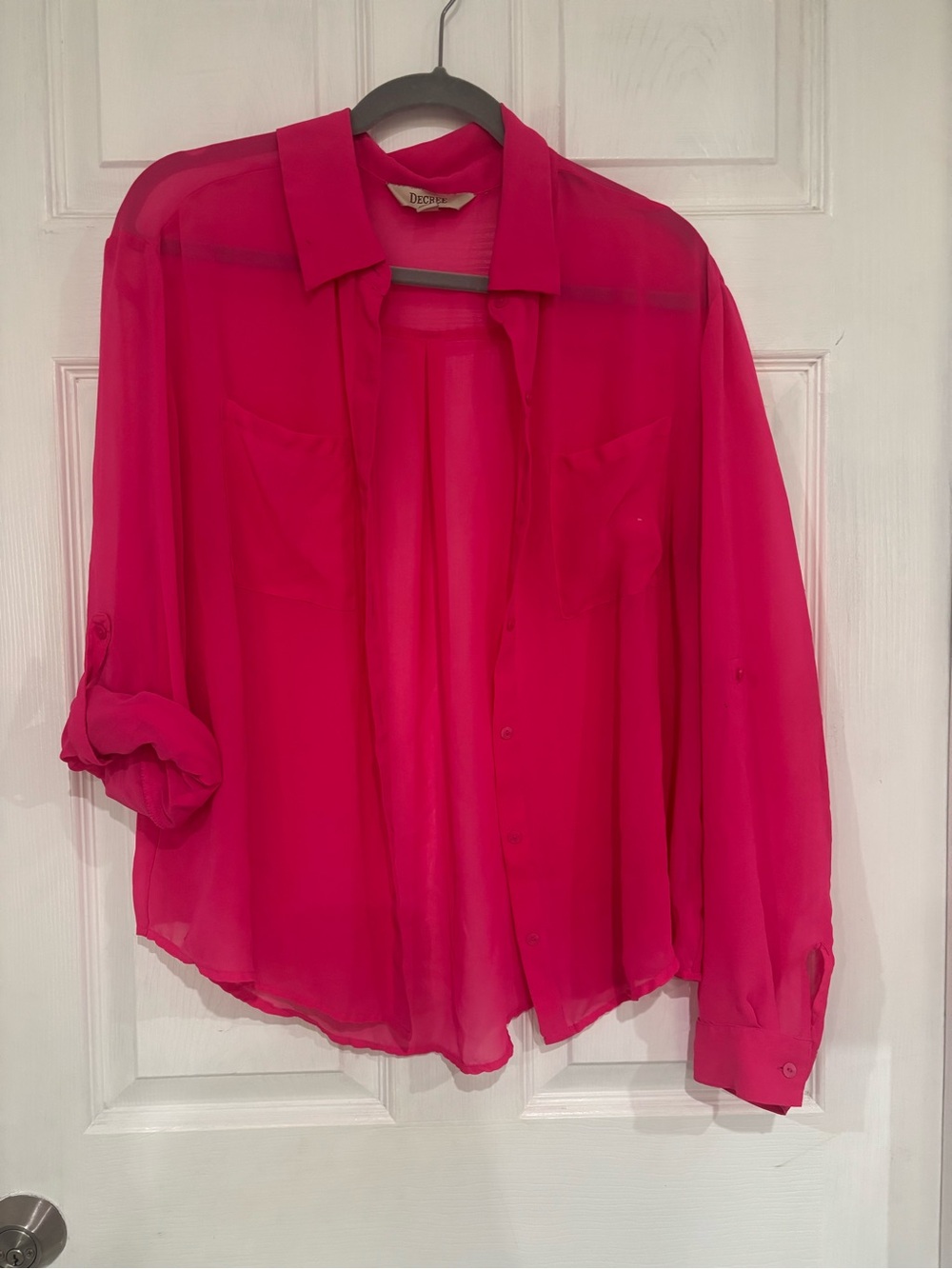 Decree Sheer Button-Down Shirt in Fuchsia Pink